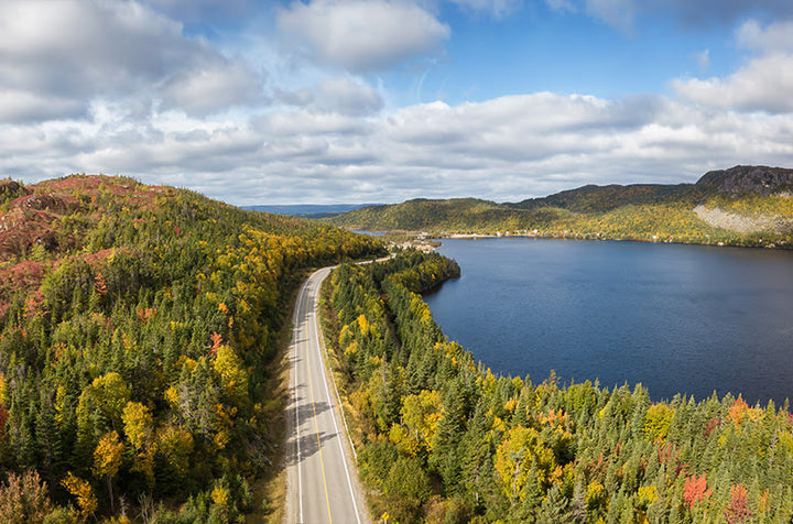 Scenic view of lake side road in Quebec 