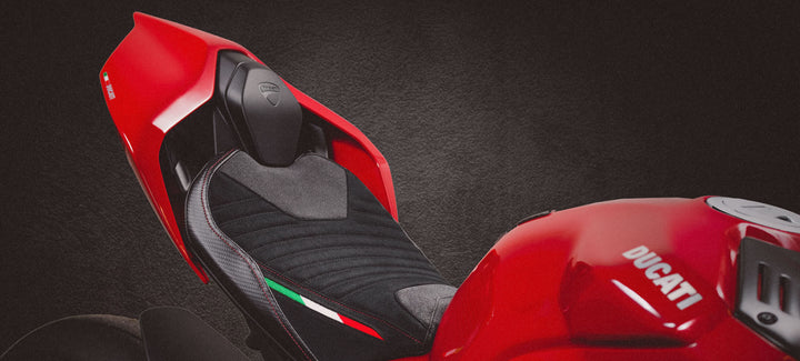 Rider Seat Covers product listings banner image with a red Ducati motorcycle
